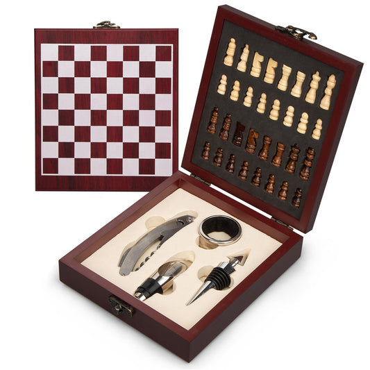 Chess & Wine Gift Box, Vintage 4 Piece Wooden Set with Wine Tools