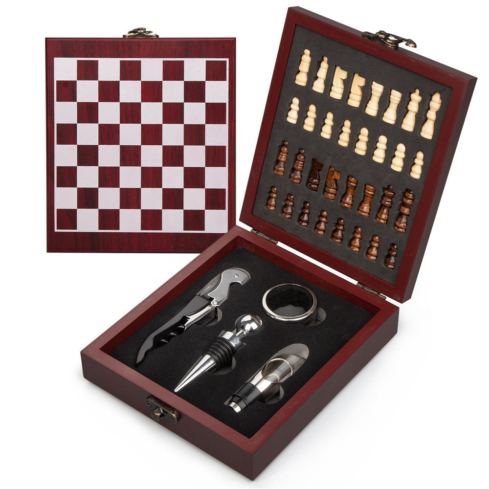 Chess & Wine Gift Box, Vintage 4 Piece Wooden Set with Wine Tools